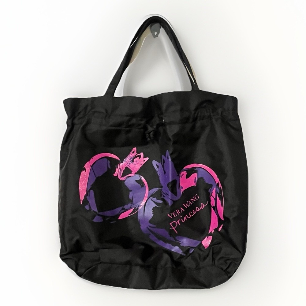 Vera Wang Princess Black Tote Bag Drawstring Logo Purple Lining Travel Bag Large